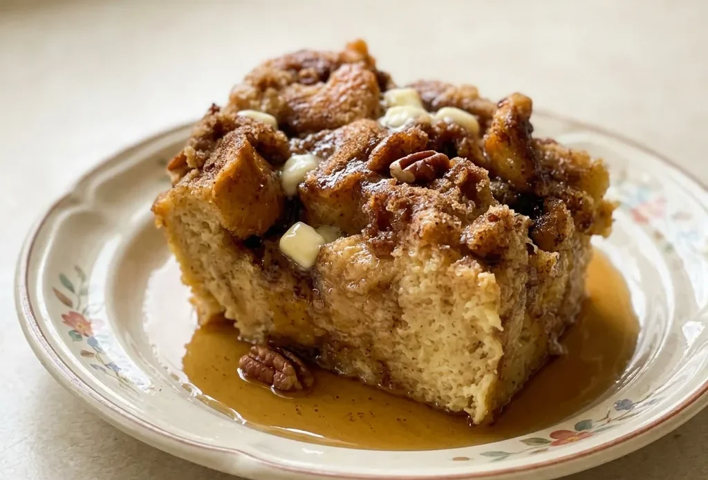 Overhead shot of a square of French toast casserole topped with butter pats and drizzled with maple syrup.