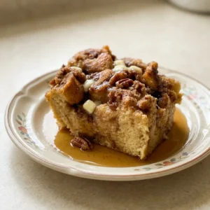 Overhead shot of a square of French toast casserole topped with butter pats and drizzled with maple syrup.