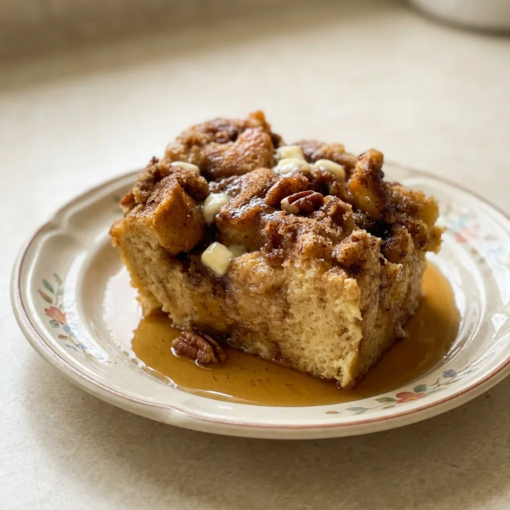 Overhead shot of a square of French toast casserole topped with butter pats and drizzled with maple syrup.