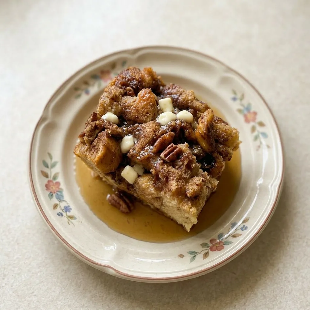 Plated serving of French toast casserole with a dusting of cinnamon and a drizzle of maple syrup.