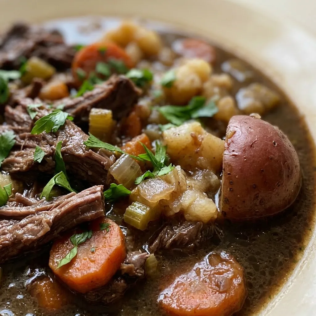 Zoomed in on a spoonful of beef stew showing tender meat, carrots, celery, and red potatoes in a rich dark sauce.