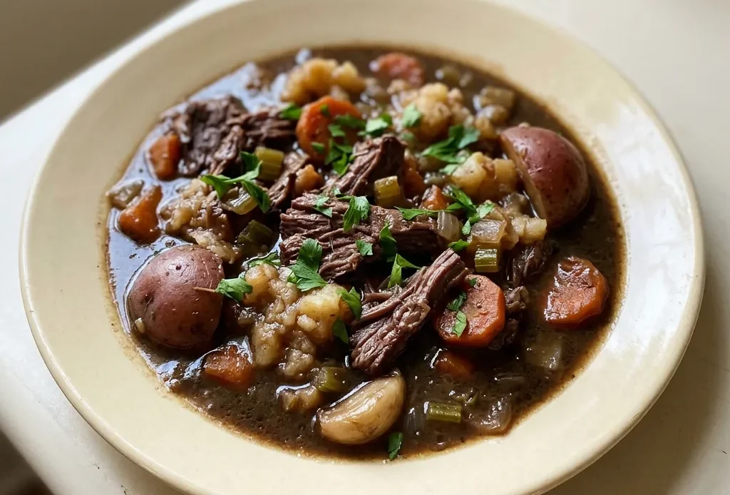 Bird's-eye view of a bowl of beef stew with chunks of meat, carrots, celery, and red potatoes in dark gravy.