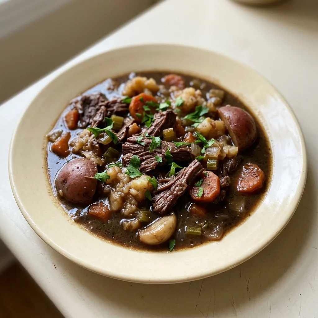 Bird's-eye view of a bowl of beef stew with chunks of meat, carrots, celery, and red potatoes in dark gravy.