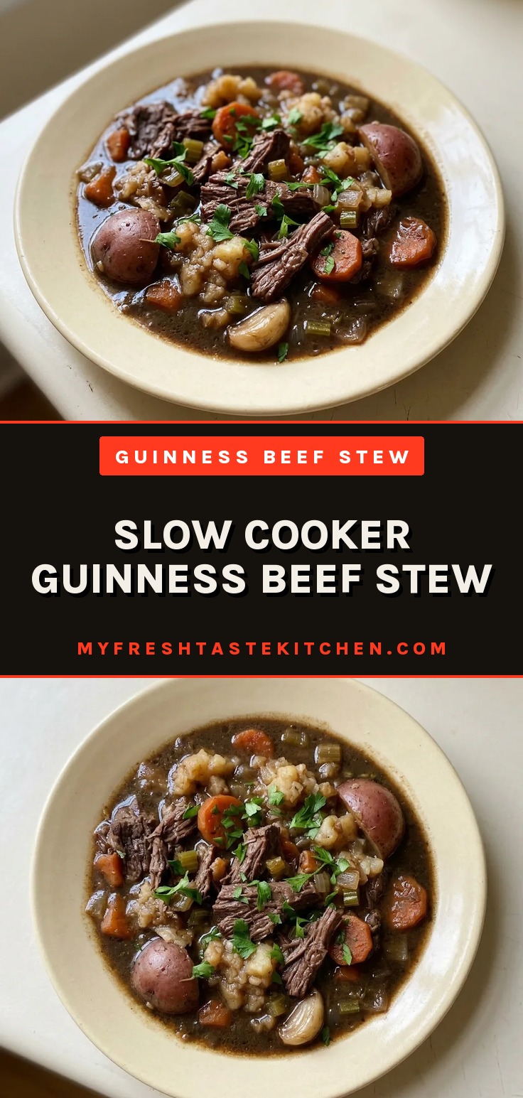 Slow cooker Guinness beef stew with chunks of beef, carrots, celery, and red potatoes in a dark broth.