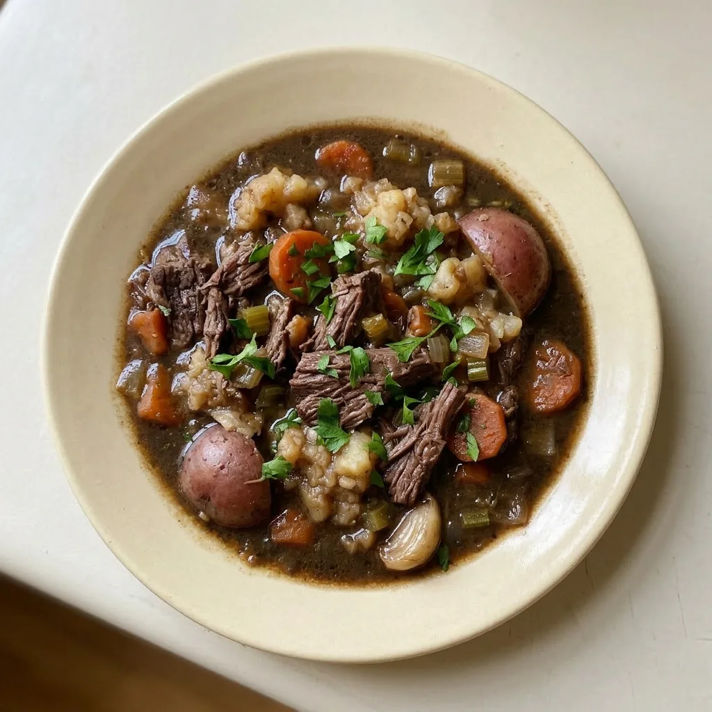 Ready to serve: a bowl of beef stew with beef, carrots, celery, and red potatoes in a dark beer-based gravy.