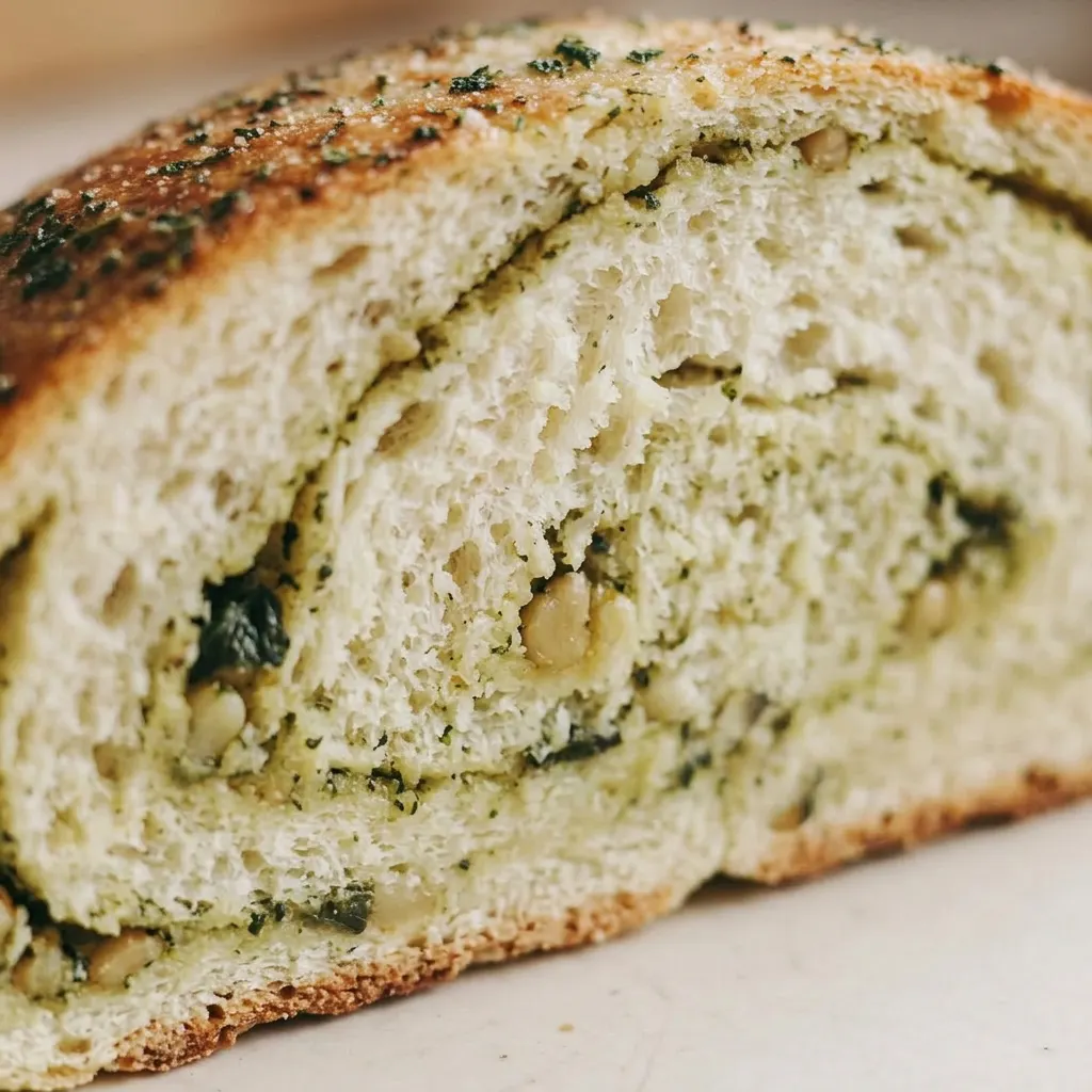 Close view of a bread slice showing pesto streaks and a soft crumb.