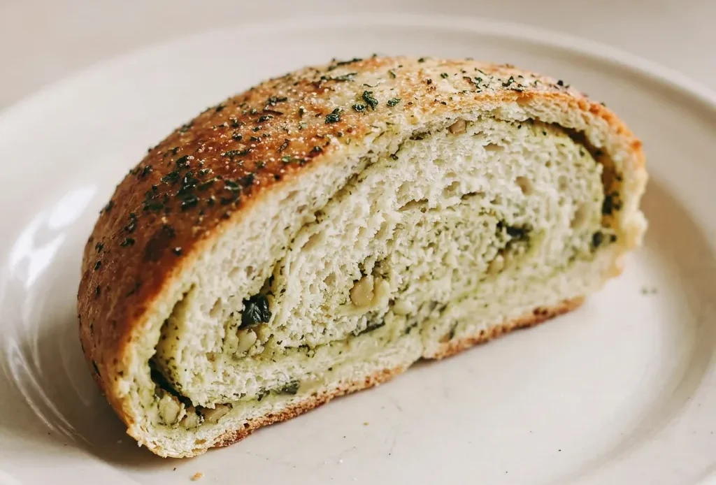 Overhead shot of a round loaf topped with pesto swirls, sliced into wedges.