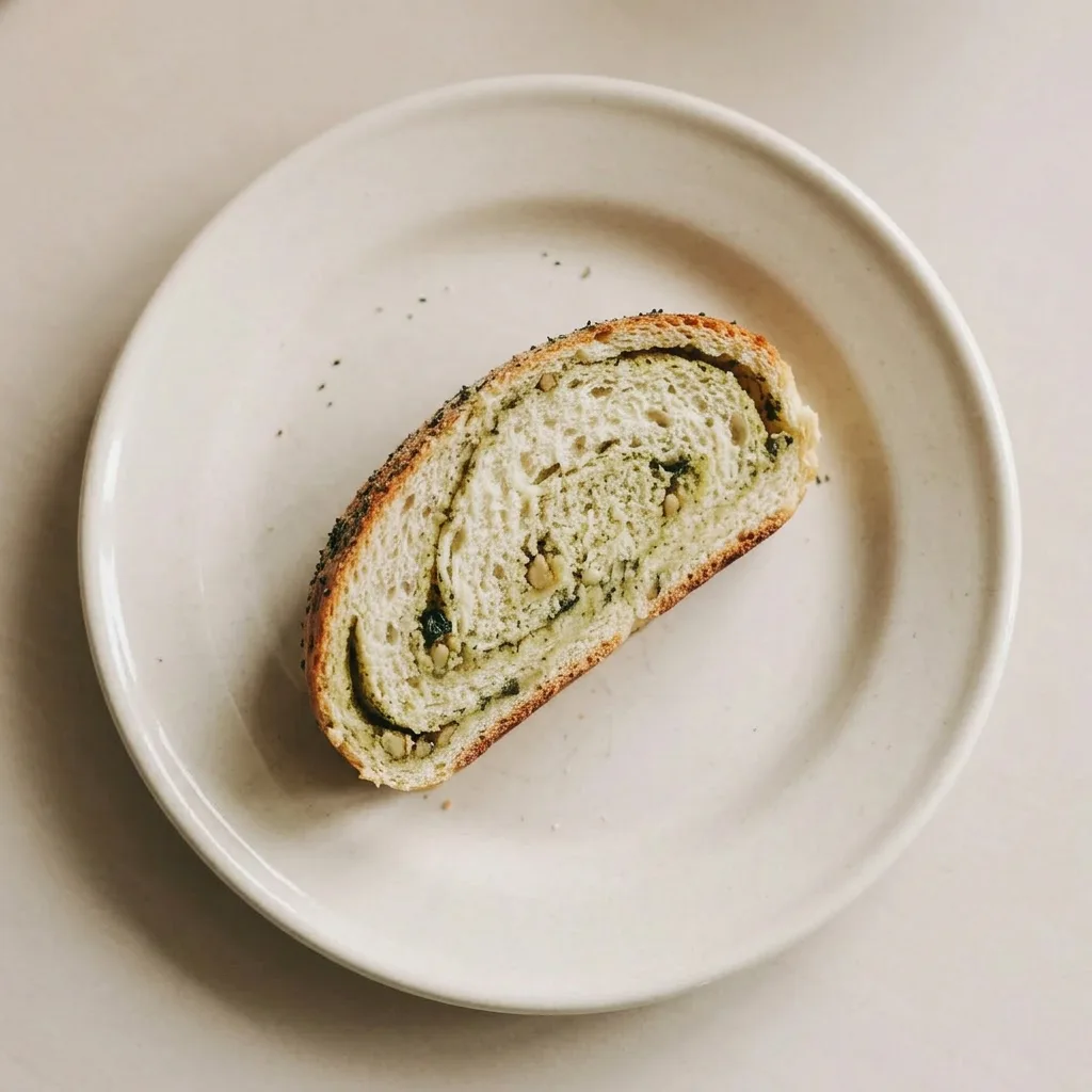 Plated bread wedges with visible pesto layers and a golden crust.