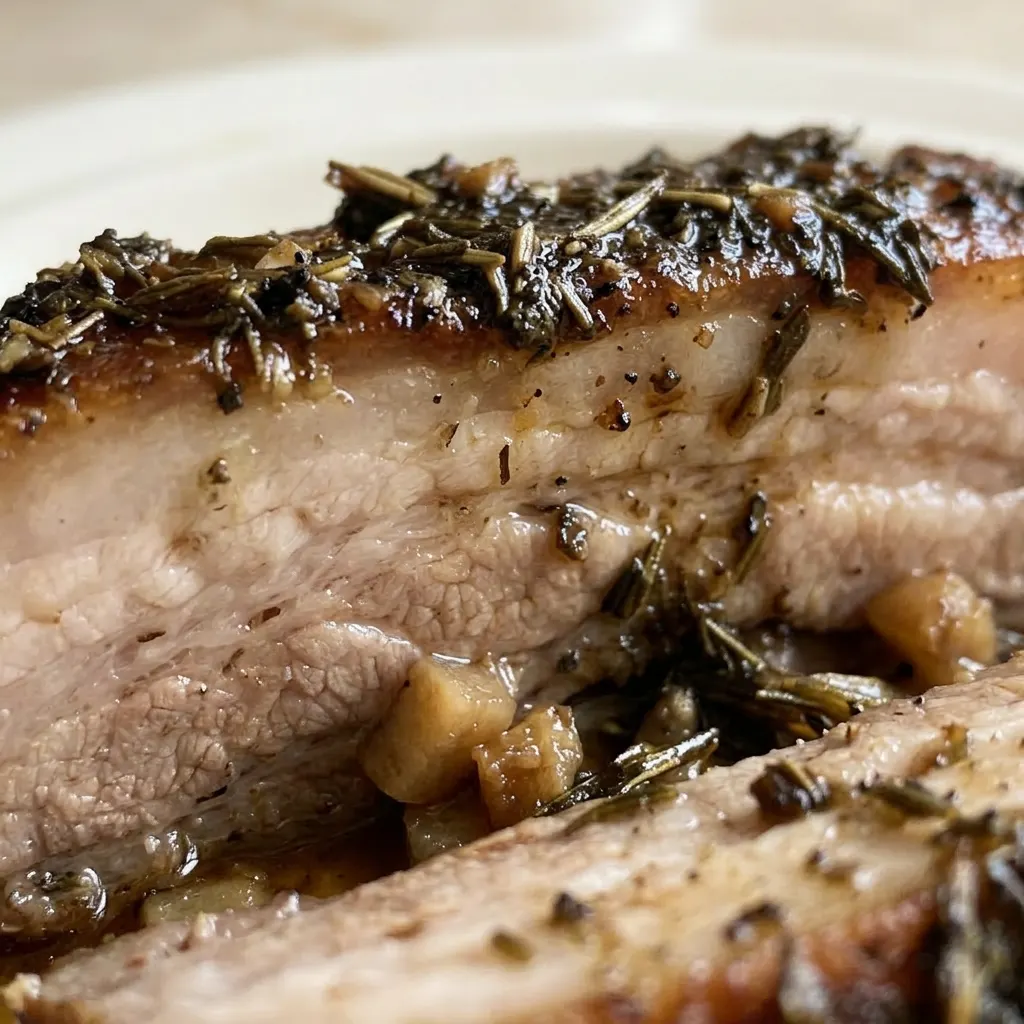 Macro detail of glistening pork belly slice with garlic and rosemary on top, surrounded by dark beef stock.