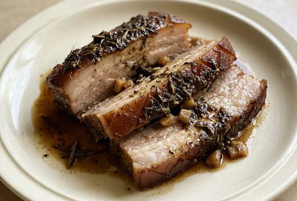 Top-down look at sliced pork belly with garlic cloves, rosemary sprigs, and thyme leaves in beef stock.