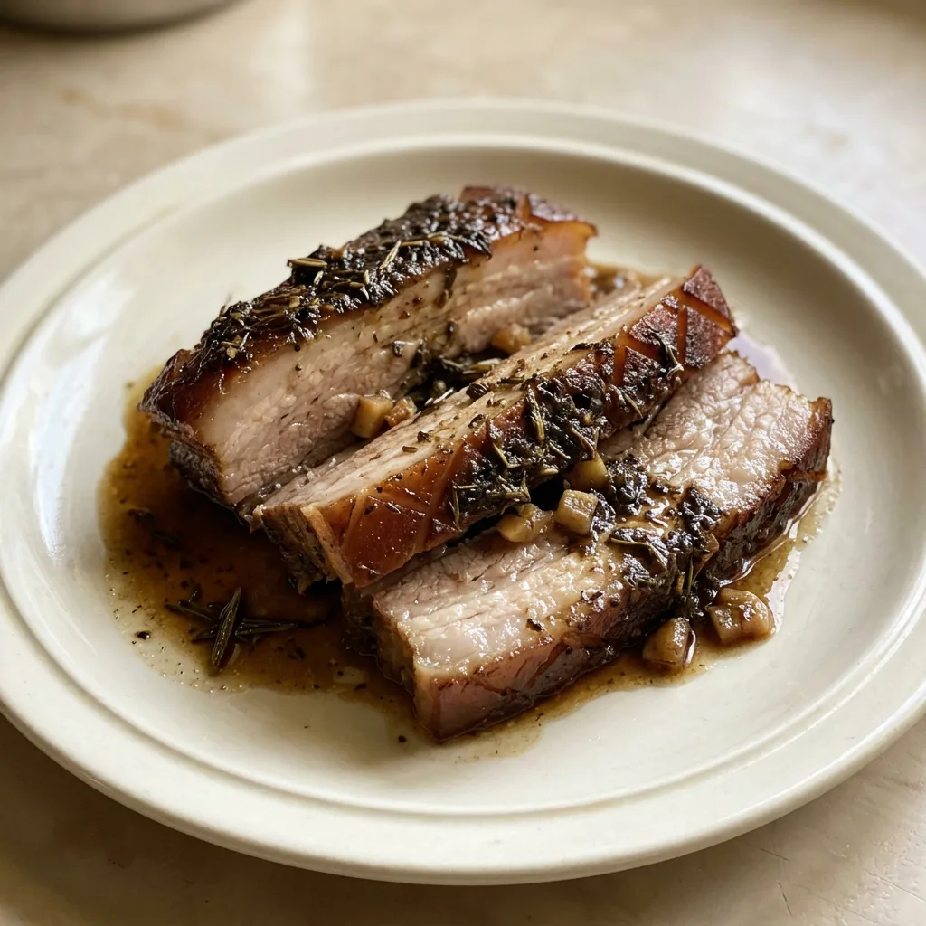Top-down look at sliced pork belly with garlic cloves, rosemary sprigs, and thyme leaves in beef stock.