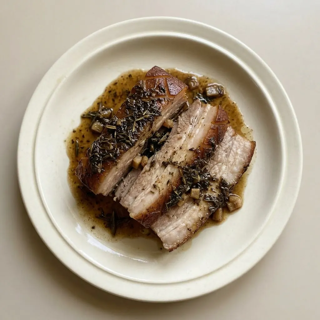 A serving of pork belly slices garnished with garlic, rosemary, and thyme, resting in rich beef stock.