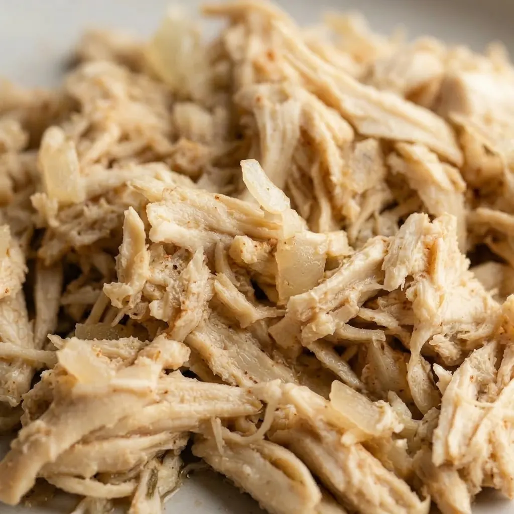 Close view of pulled chicken with visible paprika specks and soft onion pieces in light broth.