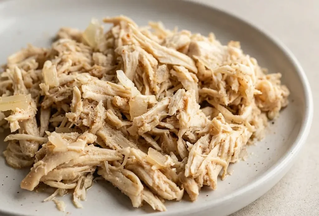 Overhead shot of shredded chicken breast topped with paprika, onion, and garlic in broth.