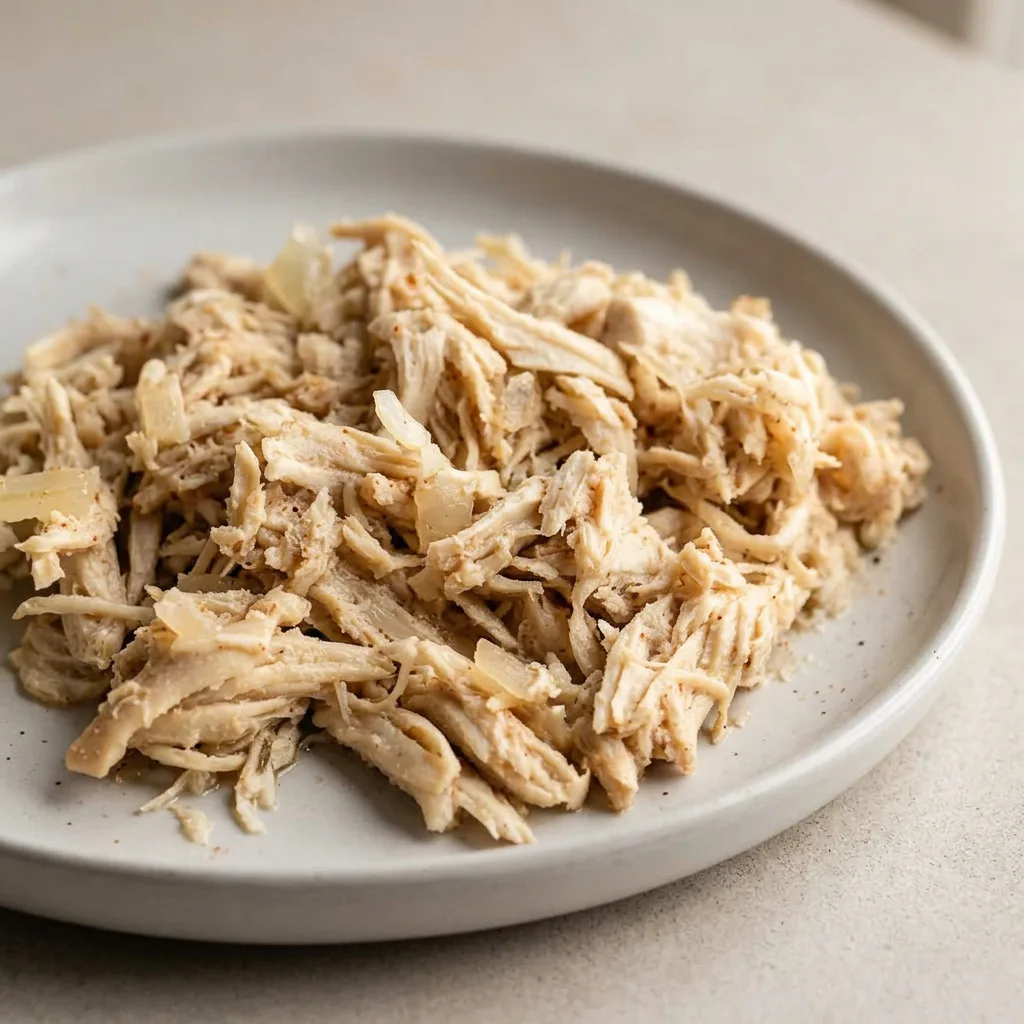 Overhead shot of shredded chicken breast topped with paprika, onion, and garlic in broth.