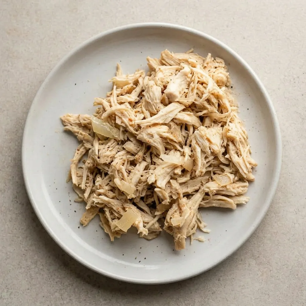 Plated pulled chicken with garlic and onion shreds, moistened with chicken broth.