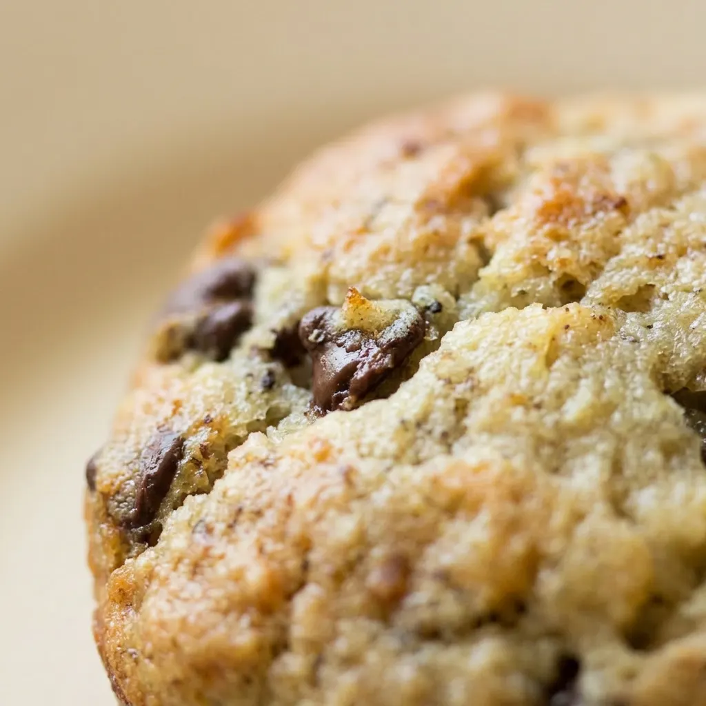 Up close, a muffin top with melted chocolate chips and banana bits visible.
