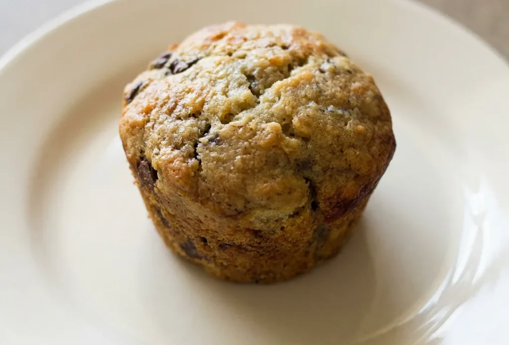 Looking down at three banana muffins with chocolate chips, arranged in a circle.