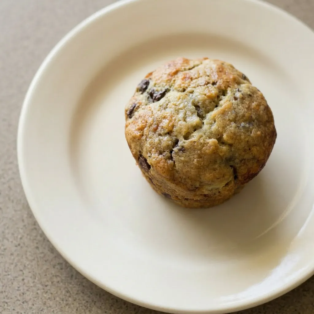 A plate of two banana muffins studded with chocolate chips.
