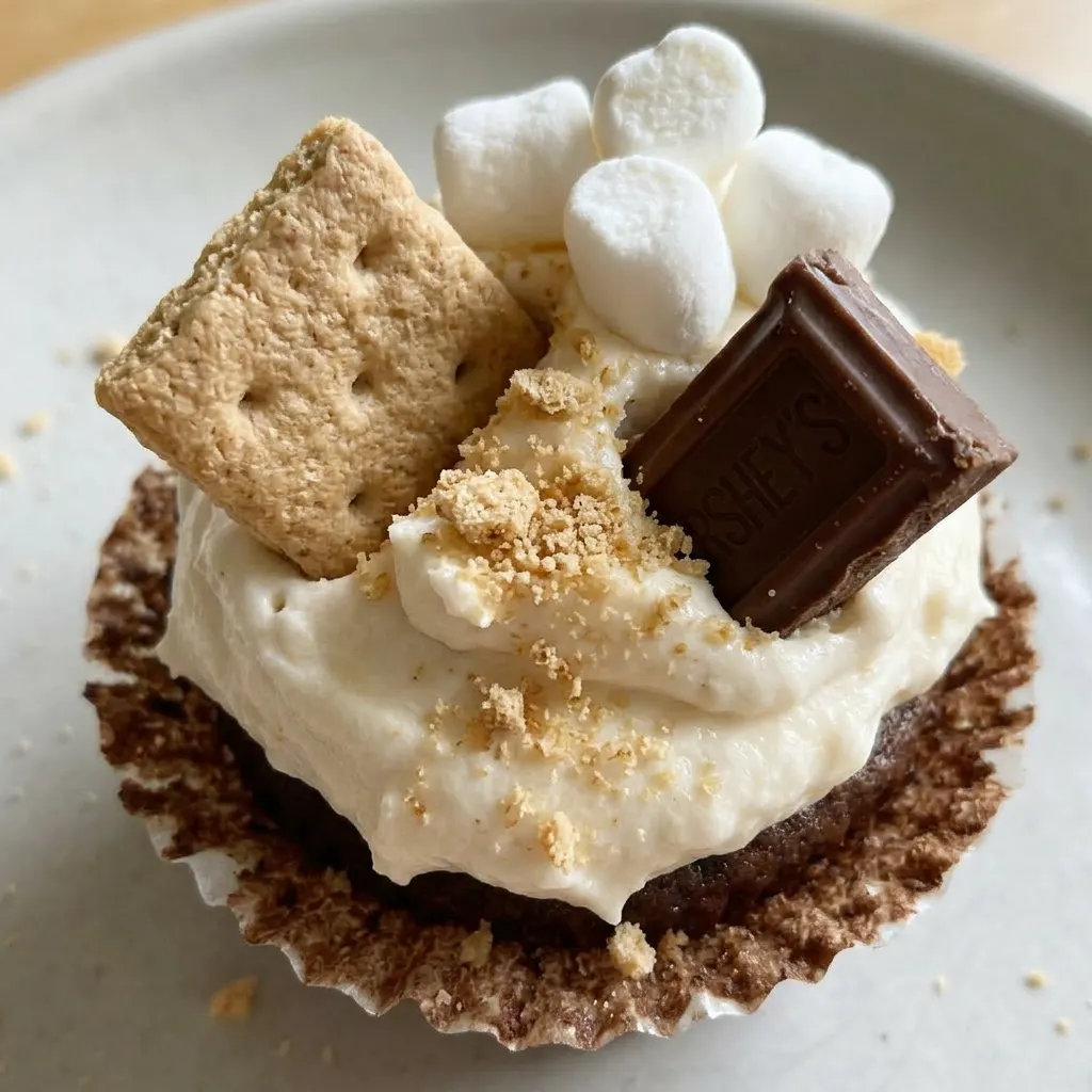 Close view of a s'mores cupcake featuring a toasted marshmallow on top, a graham cracker piece, and melted chocolate.