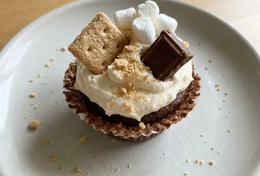 Overhead shot of a s'mores cupcake with a graham cracker crust, a marshmallow topping, and a chocolate drizzle.