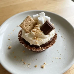 Overhead shot of a s'mores cupcake with a graham cracker crust, a marshmallow topping, and a chocolate drizzle.