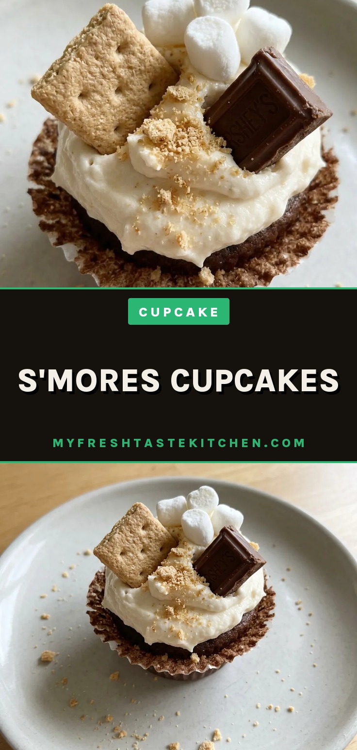 Overhead shot of a s'mores cupcake with a graham cracker crust, a marshmallow topping, and a chocolate drizzle.