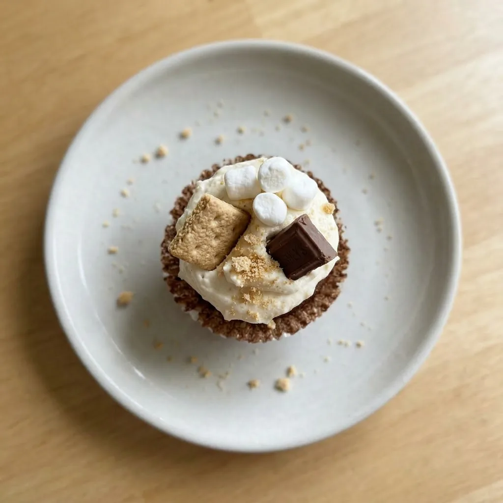 Plated s'mores cupcake with a graham cracker base, a marshmallow crown, and a chocolate sauce topping.