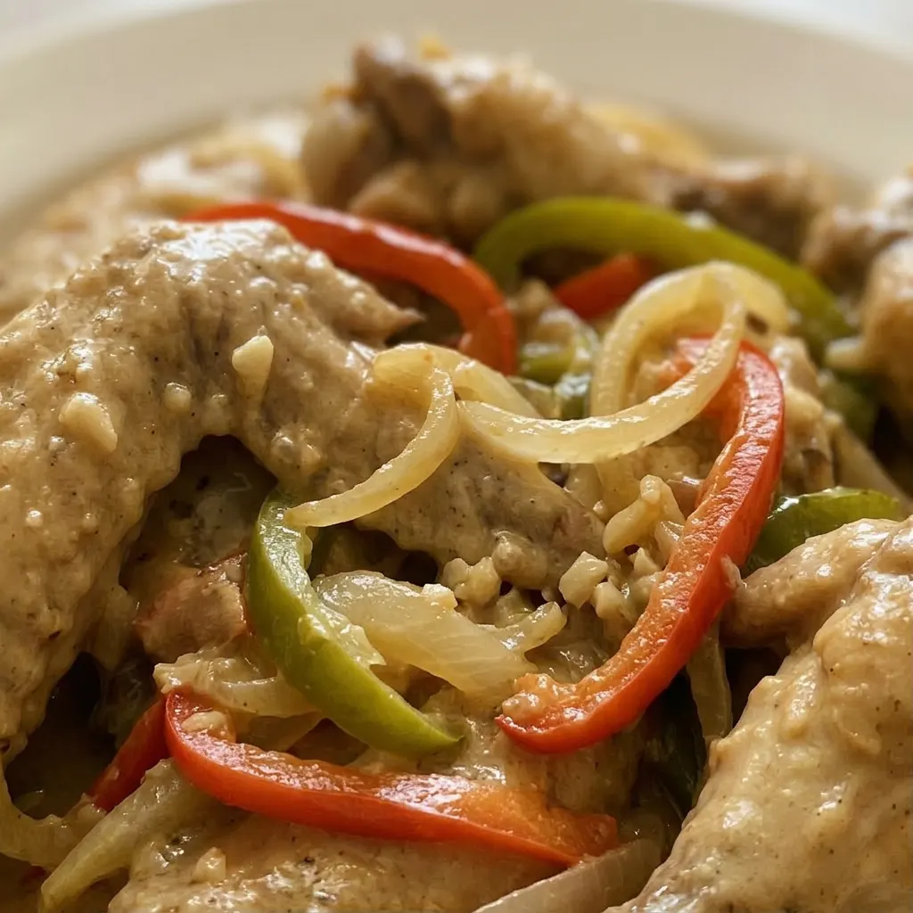 Zoomed in on a chicken wing coated in thick cream sauce with visible bell pepper and onion pieces.