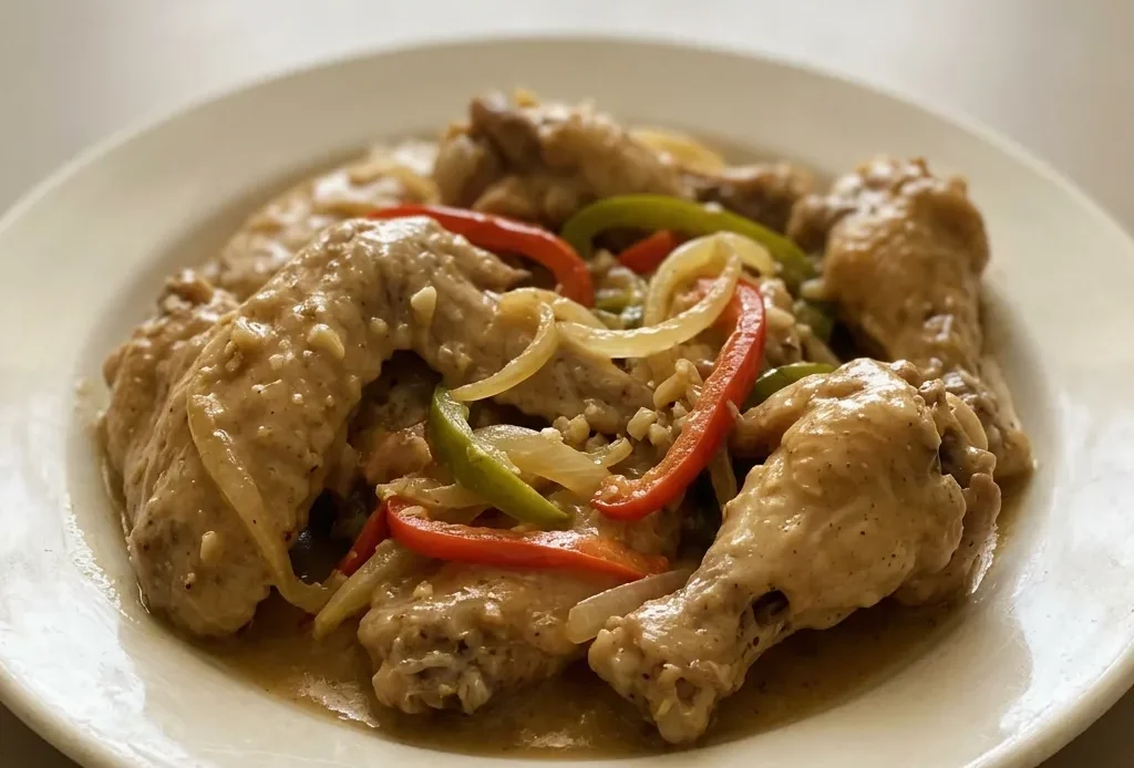 Bird's-eye view of chicken wings with bell peppers and onions in creamy sauce, topped with garlic.