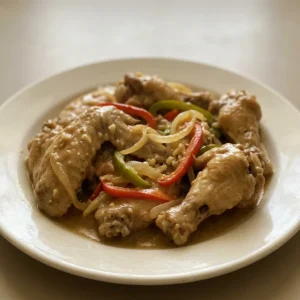 Bird's-eye view of chicken wings with bell peppers and onions in creamy sauce, topped with garlic.