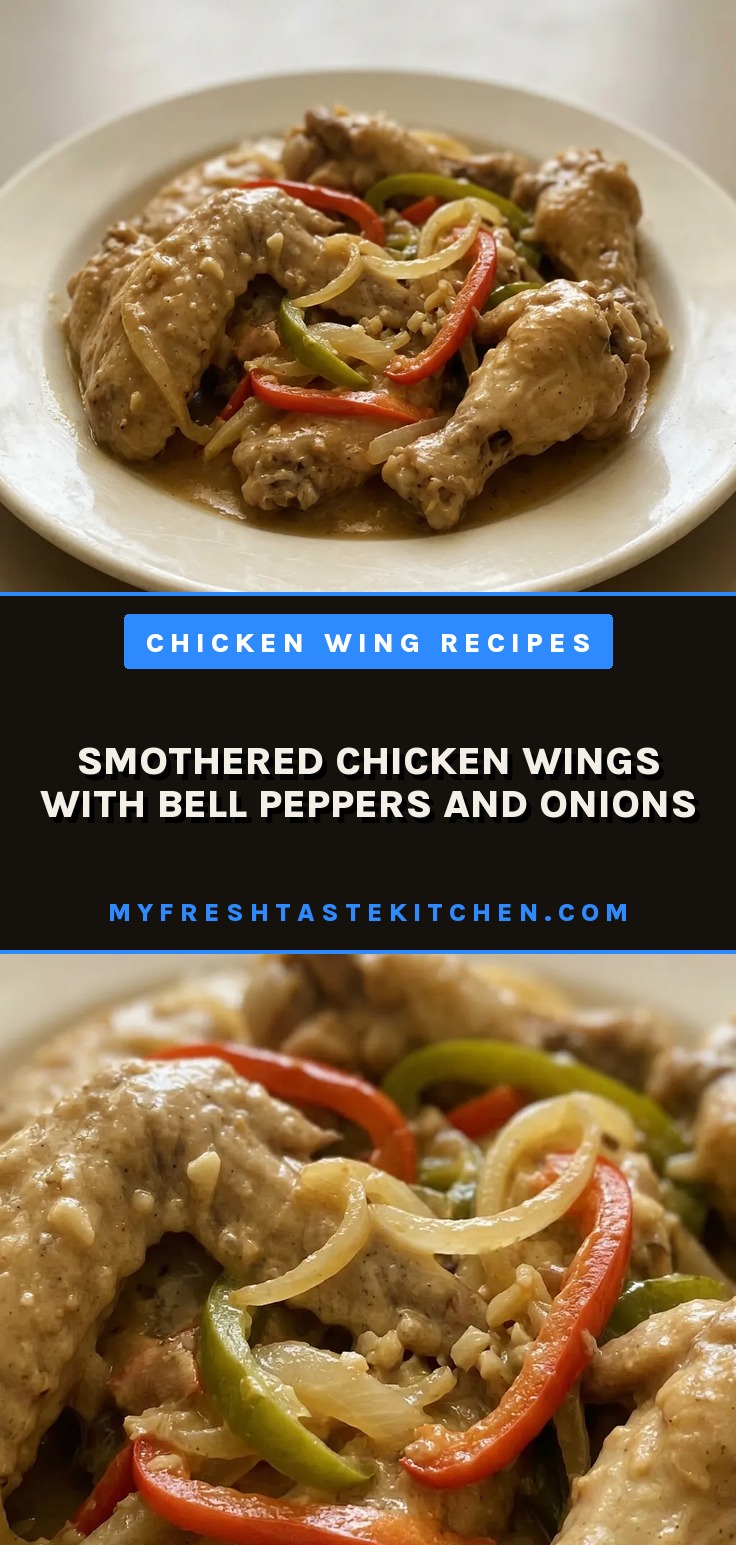 Bird's-eye view of chicken wings with bell peppers and onions in creamy sauce, topped with garlic.