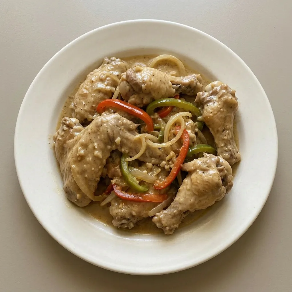 Ready to serve: chicken wings with bell peppers and onions in a creamy broth, garnished with garlic.