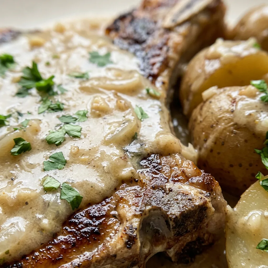 Zoomed in on a single pork chop with a glossy gravy coating, beside a potato wedge and bits of onion and garlic.