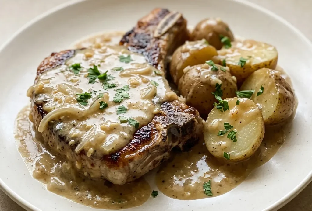 Bird's-eye view of two pork chops tucked among potato wedges, all coated in a creamy gravy with visible onion and garlic pieces.