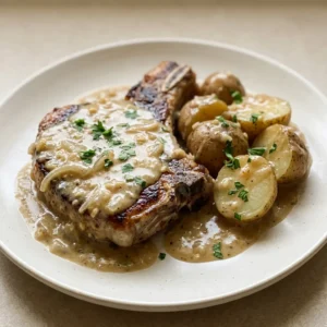 Bird's-eye view of two pork chops tucked among potato wedges, all coated in a creamy gravy with visible onion and garlic pieces.