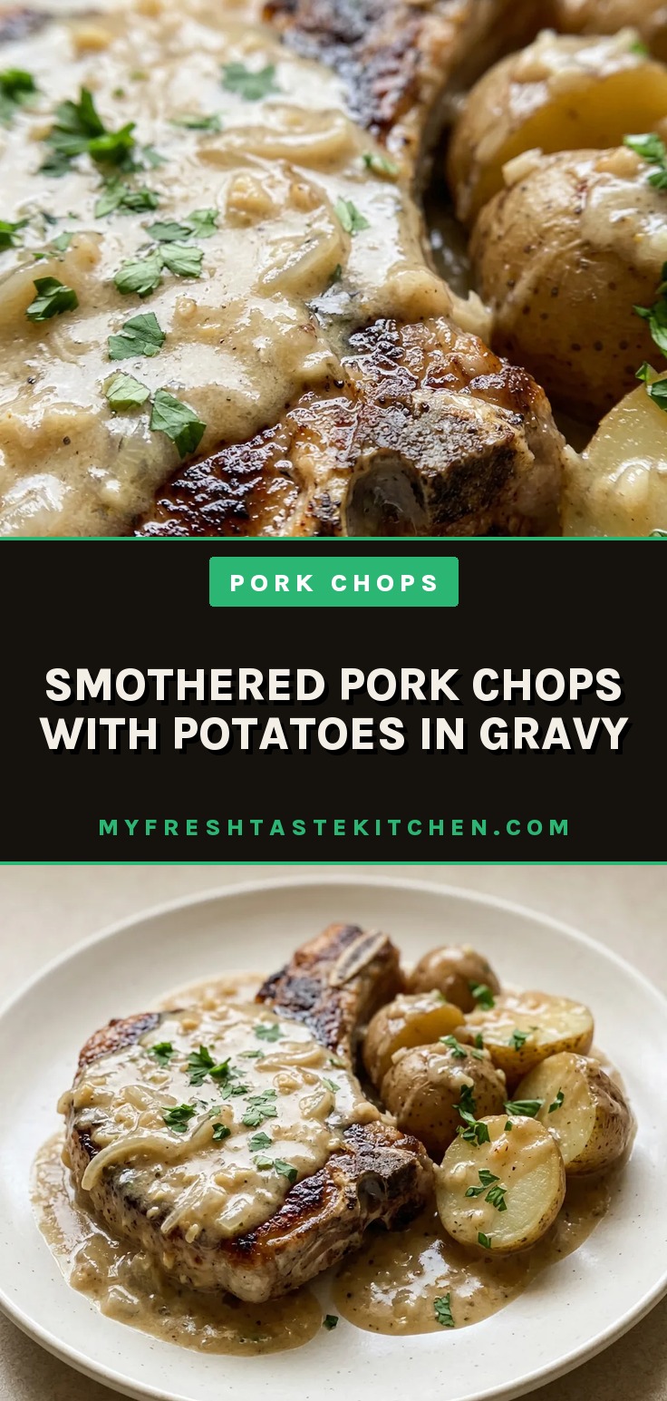 Bird's-eye view of two pork chops tucked among potato wedges, all coated in a creamy gravy with visible onion and garlic pieces.