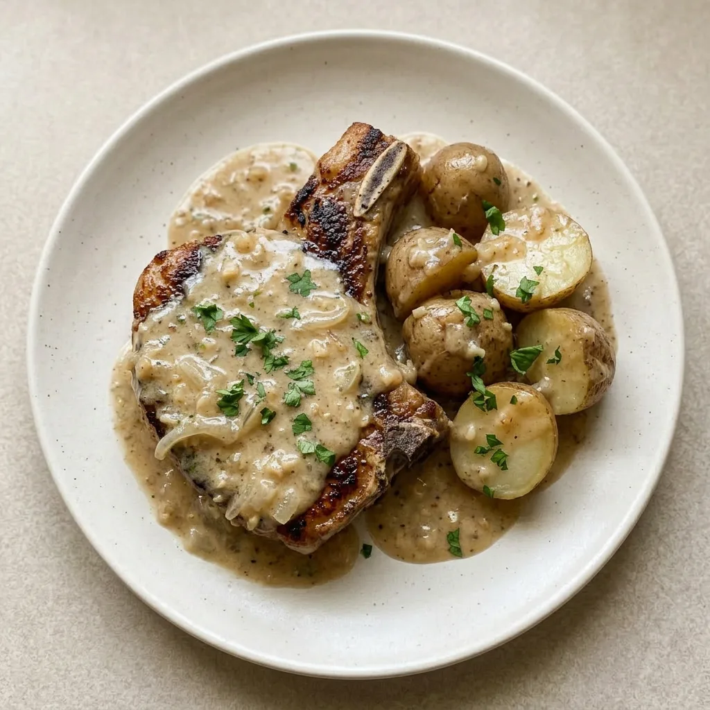Ready to serve: pork chops and potatoes in a rich, creamy gravy, garnished with onion and garlic.