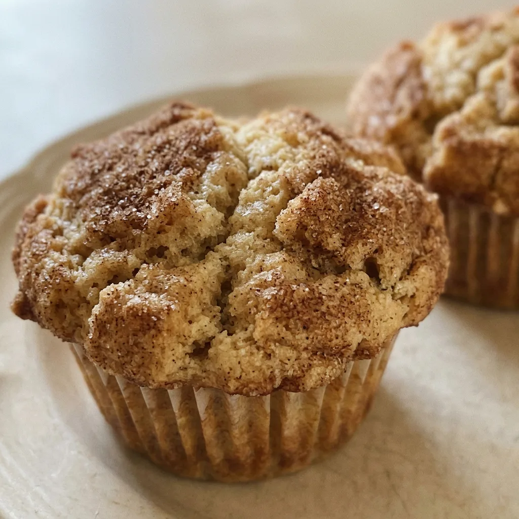 Close view of a snickerdoodle muffin with a swirl of cinnamon and a dollop of yogurt on top.
