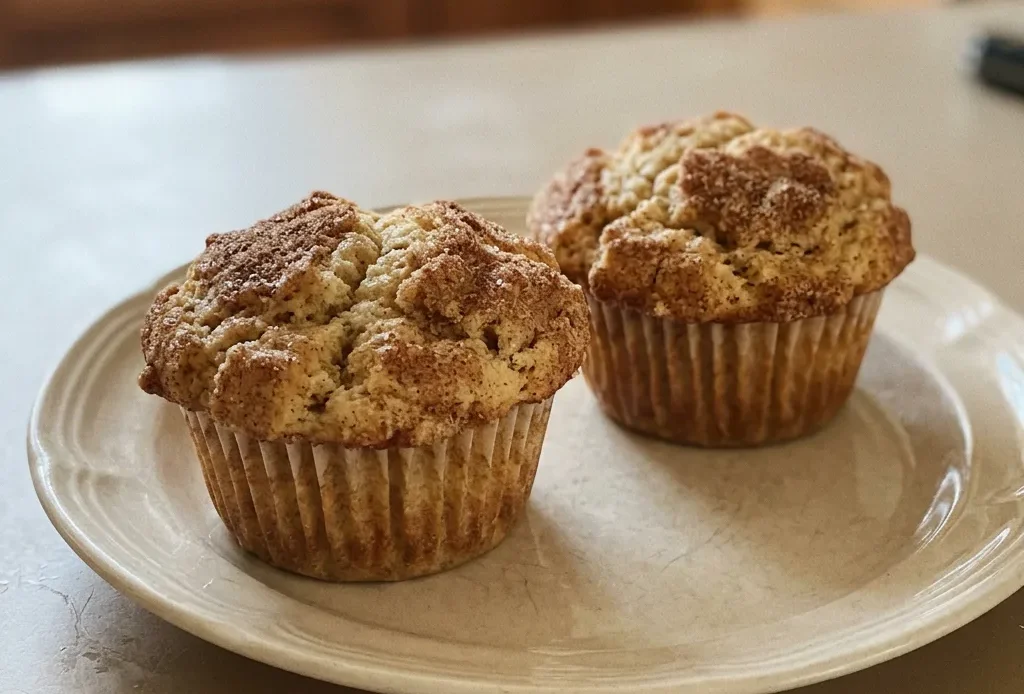 Overhead shot of two snickerdoodle muffins with cinnamon-sugar topping on a white surface.