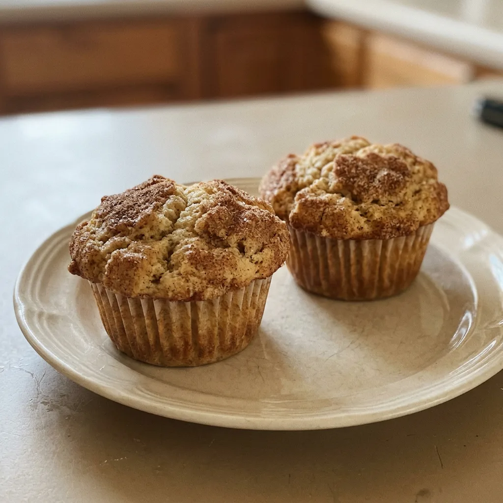 Overhead shot of two snickerdoodle muffins with cinnamon-sugar topping on a white surface.