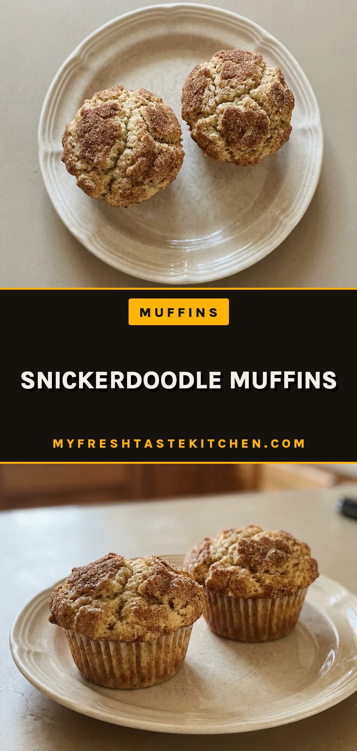 Overhead shot of two snickerdoodle muffins with cinnamon-sugar topping on a white surface.