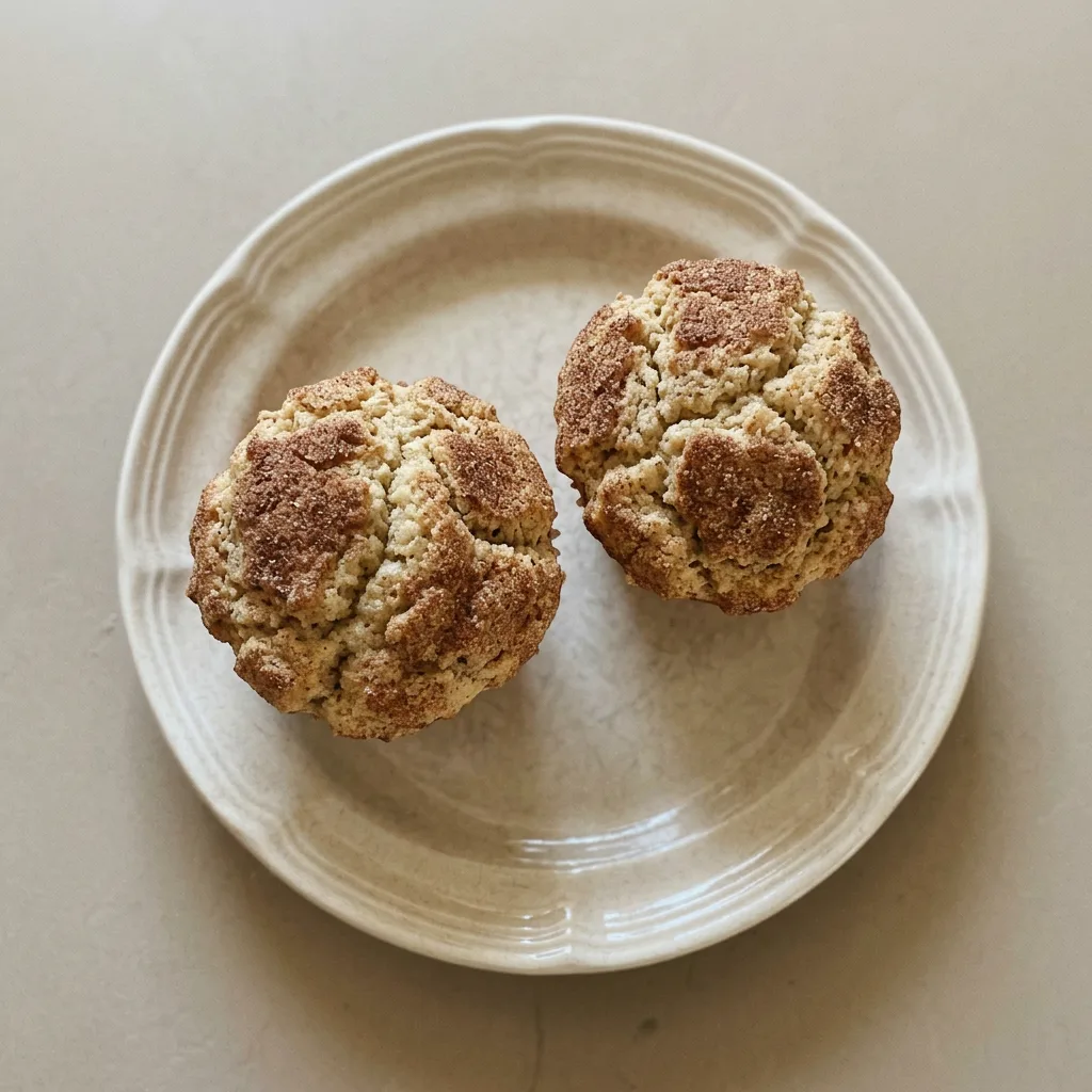 Plated snickerdoodle muffin with a pat of butter and a cinnamon stick garnish.