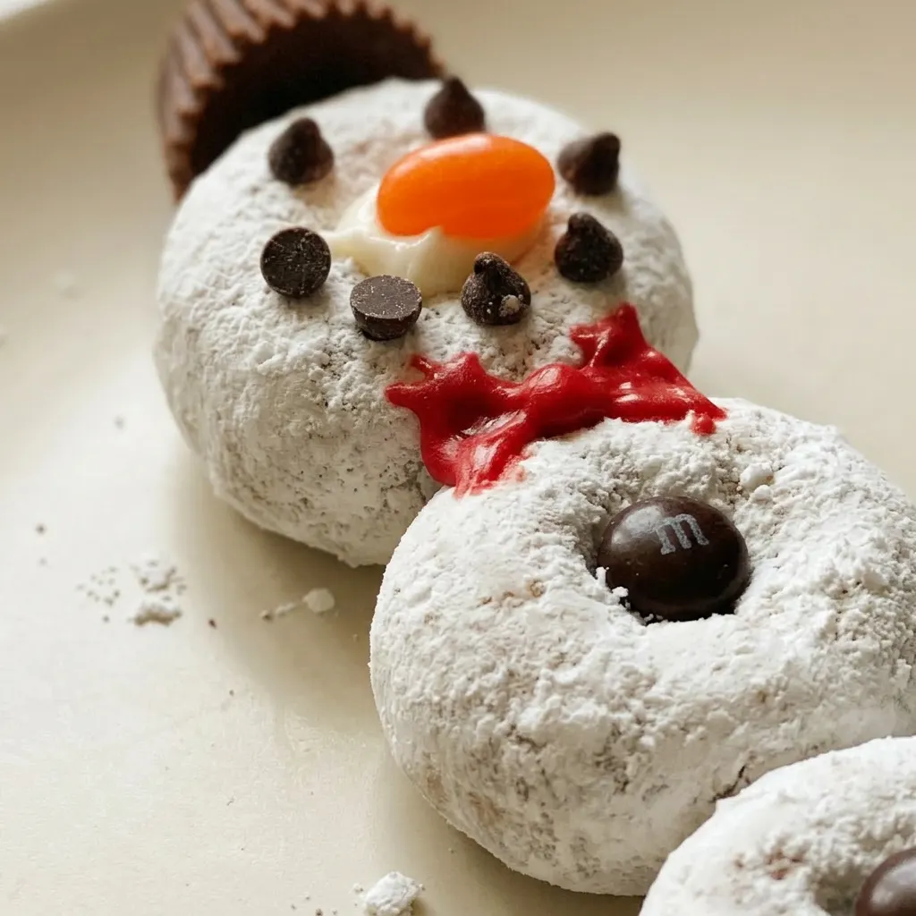 Macro detail of a mini donut topped with white frosting, a Reese's cup, chocolate chips, and colorful candies.