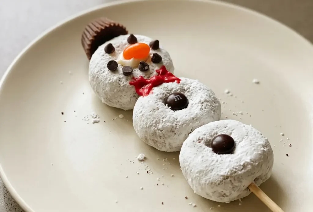 Top-down look at a skewer of mini donuts with peanut butter cups, chocolate chips, M&M's, and Mike & Ike candies on white frosting.