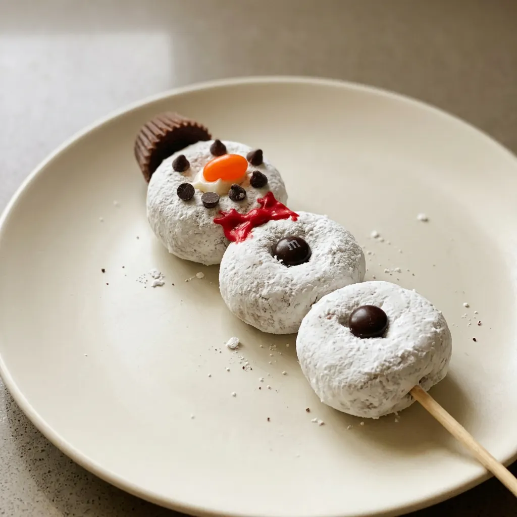 Top-down look at a skewer of mini donuts with peanut butter cups, chocolate chips, M&M's, and Mike & Ike candies on white frosting.