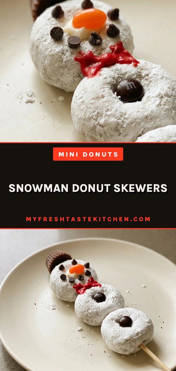Snowman donut skewers with Reese's peanut butter cups, chocolate chips, M&M's, and white frosting
