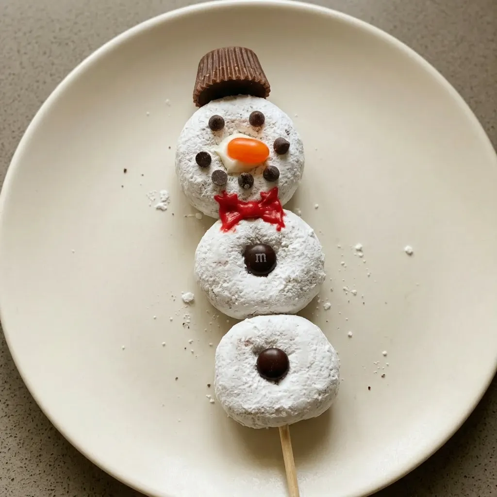 A serving of stacked mini donuts on a skewer, decorated with peanut butter cups, chocolate chips, M&M's, and Mike & Ike candies.