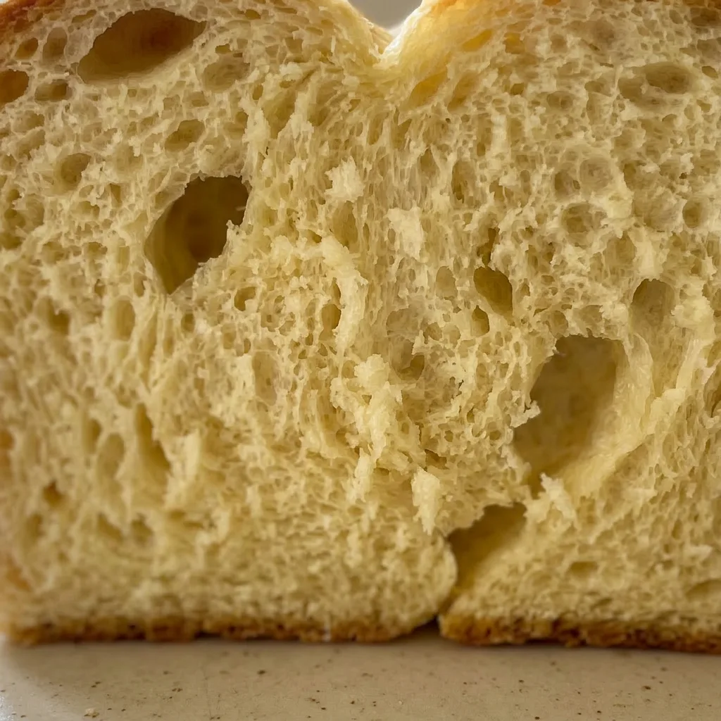 Up close, a brioche slice shows a tender crumb with small air pockets and a buttery sheen.