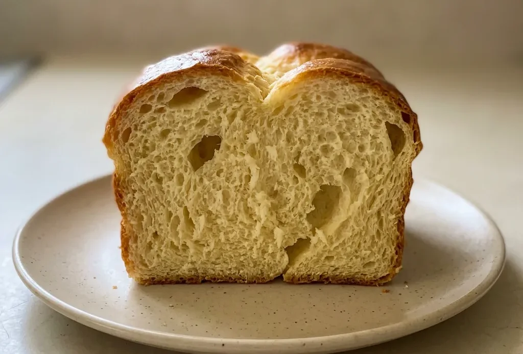 Looking down at a round golden brioche loaf with a glossy crust, sliced to reveal a soft, pale interior.
